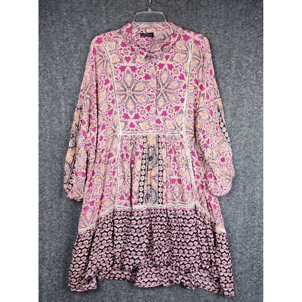 Angie Tunic Dress Womens OS Magenta Pink Paisley Boho Crochet Lace Tiered Mini